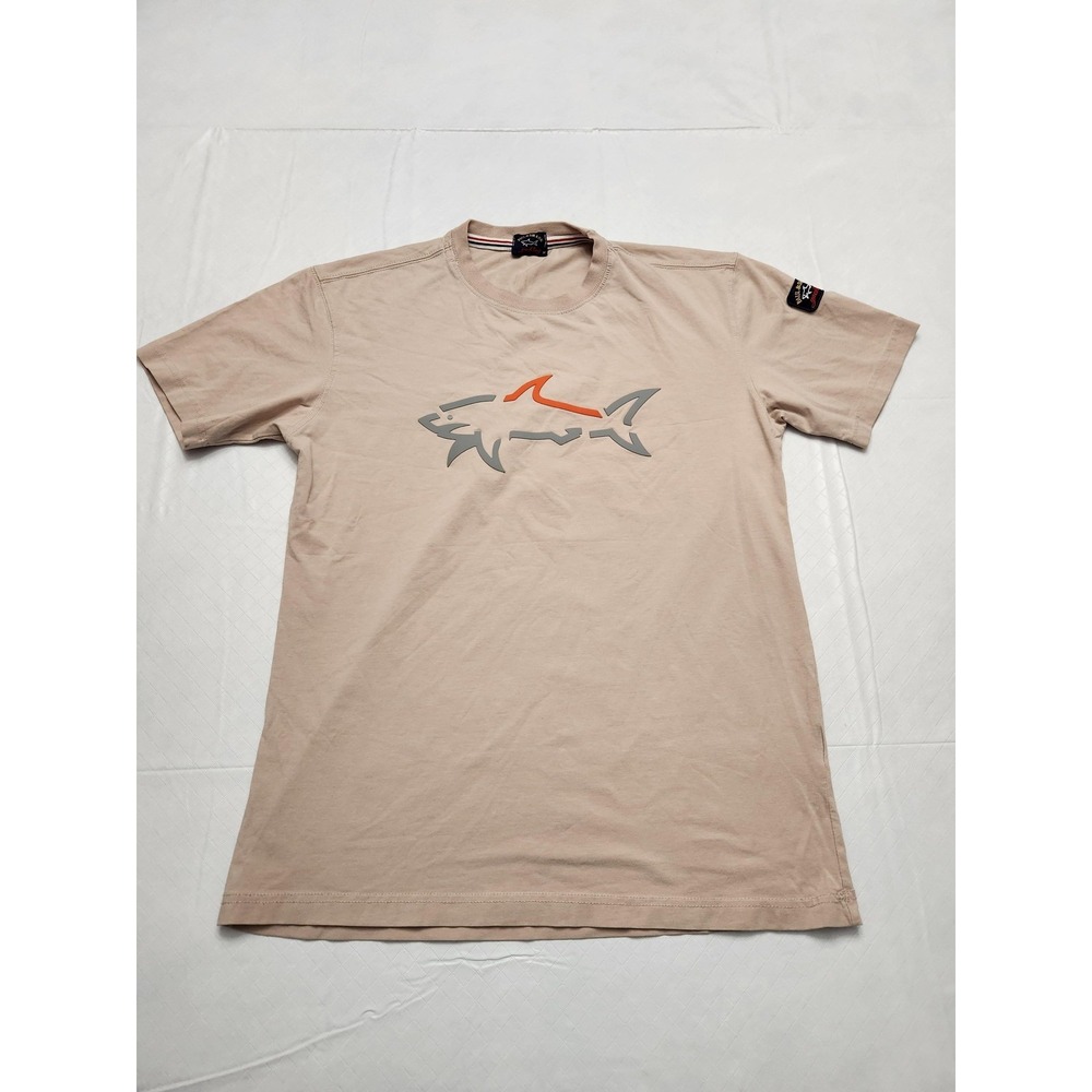 Paul‎ & Shark Yachting Shirt Mens Medium Beige Shark Logo Graphic Short Sleeve